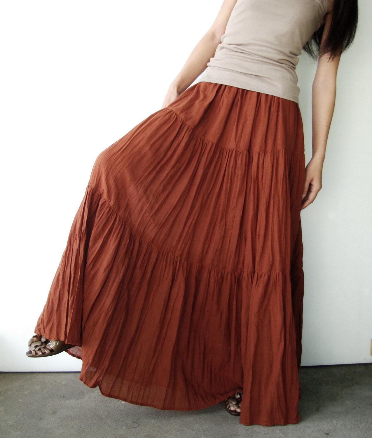 NO.5 Rust Cotton, Hippie Gypsy Boho Tiered Long Peasant Skirt