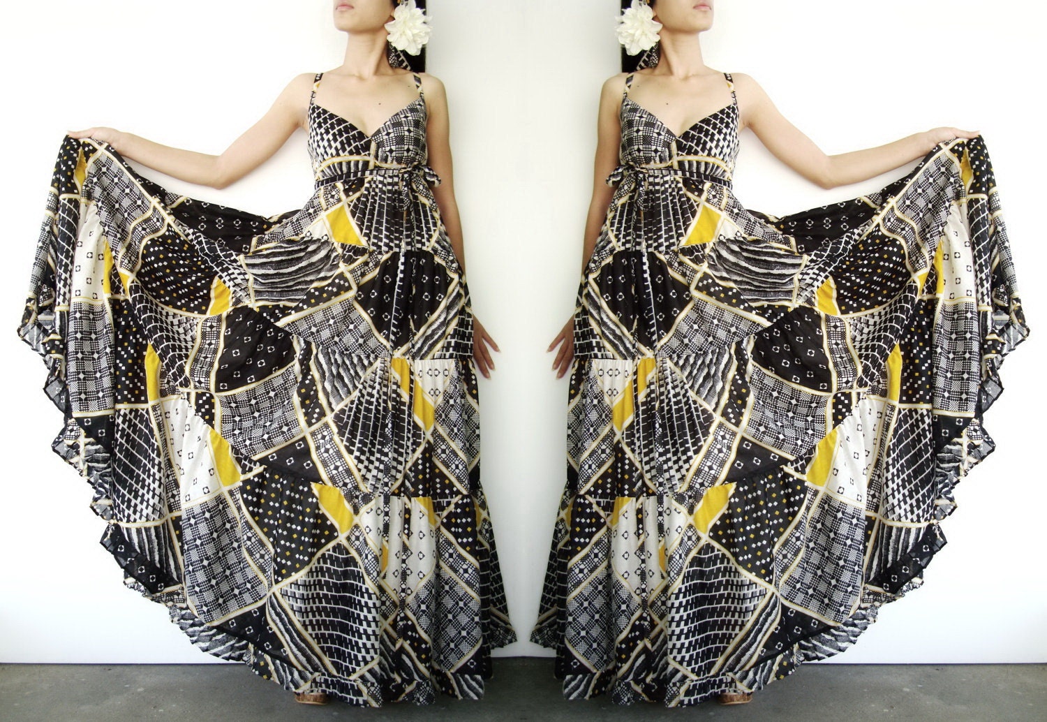 NO.39 Black-Off White-Yellow Cotton Gauze Tri-Toned Geometric Printed Maxi Dress, Summer