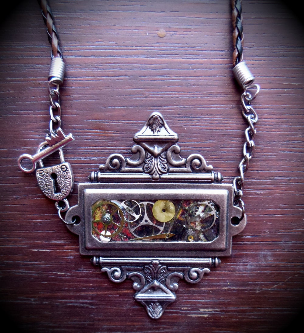 Silver Antique Steampunk Cogs square necklace pendant leather lock key Mortiis.M