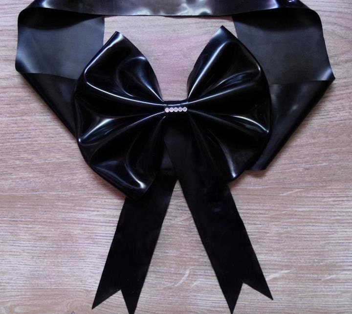 Black rubber latex large bow belt with Swarovski crystals by Mortiis.M