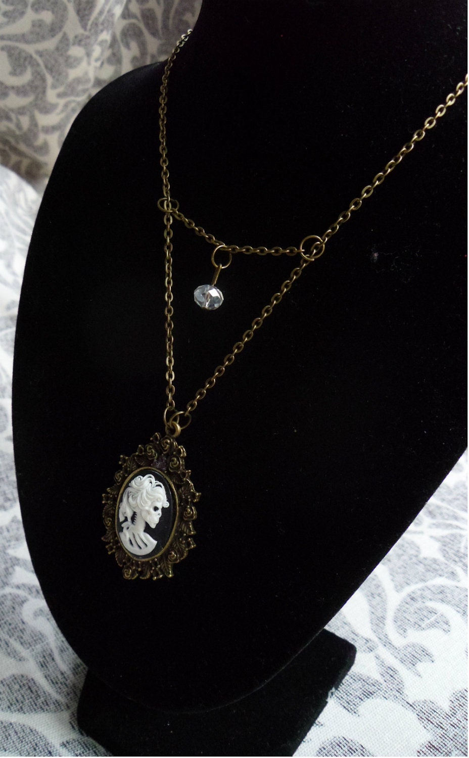 My Dead Lady vintage bronze Victorian Skeleton in white necklace pendant by Mortiis.M