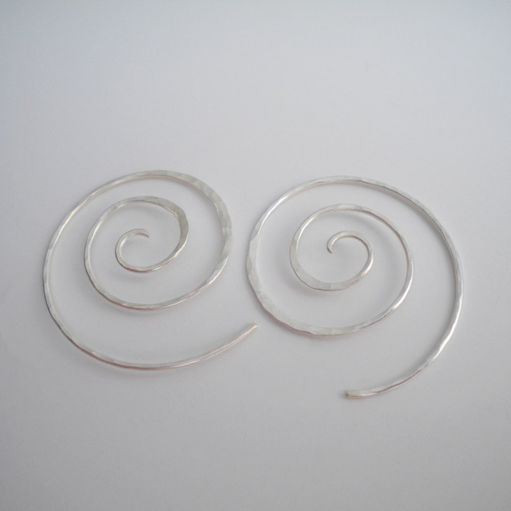 Sterling silver earrings, Silver swirl earrings, Modern, hammered hoops, Wire wrapped sterling silver earrings