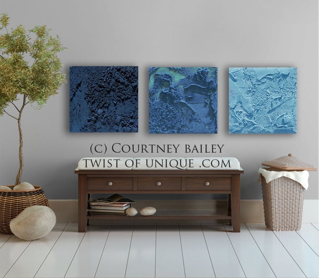 Abstract Concrete Painting, CUSTOM 3 square  abstract Wall art, Large abstract art, - dark blue ,Ice blue, colbolt