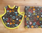 Dark Retro Pattern Reversible Apron-Style Bib and Burp Cloth Set