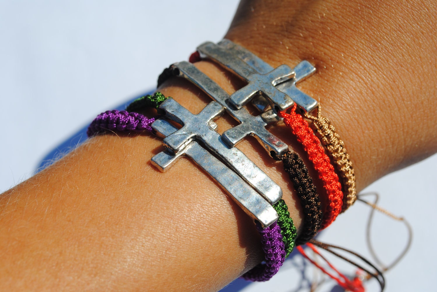 Friendship Bracelet with Cross Charm. Silver plated, Woven in Olive Green and Tan Macrame
