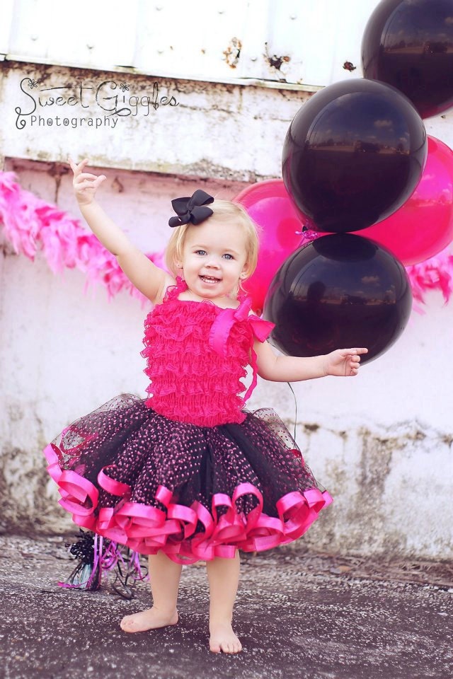 Lolita Tutu Skirt. Black/Hot Pink Polka Dot ribbon edged Tutu.Ready to ship --SIZE 3T-- Birthday, Photography Prop, Pageants