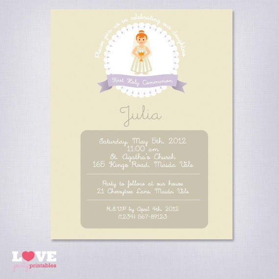 Personalized First Holy Communion Printable Invitation - Little Girl red head