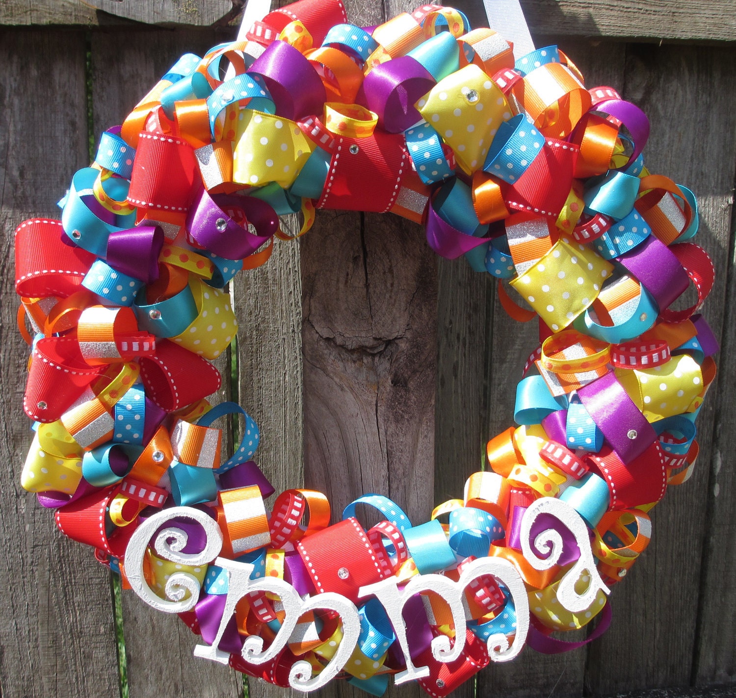 Circus Themed Ribbon Wreath with Wooden Letter Name for Birthday Party or Baby Shower