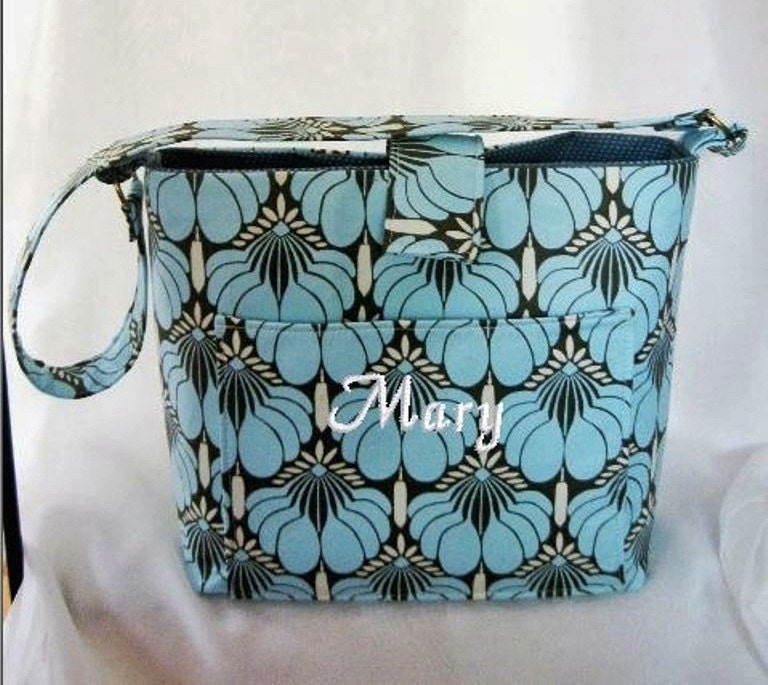 Purse, Tote Bag Fabric Handmade Tote Custom Embroidered with Monogram Amy Butler Blue