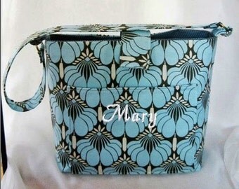 Purse, Tote Bag Fabric Handmade Tote Custom Embroidered with Monogram Amy Butler Blue