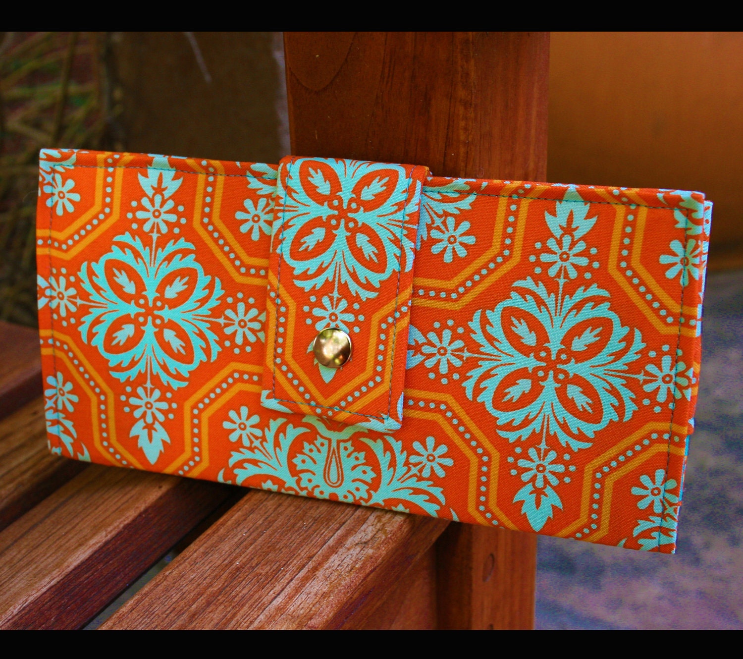 Handmade wallet clutch orange light turquoise Damask