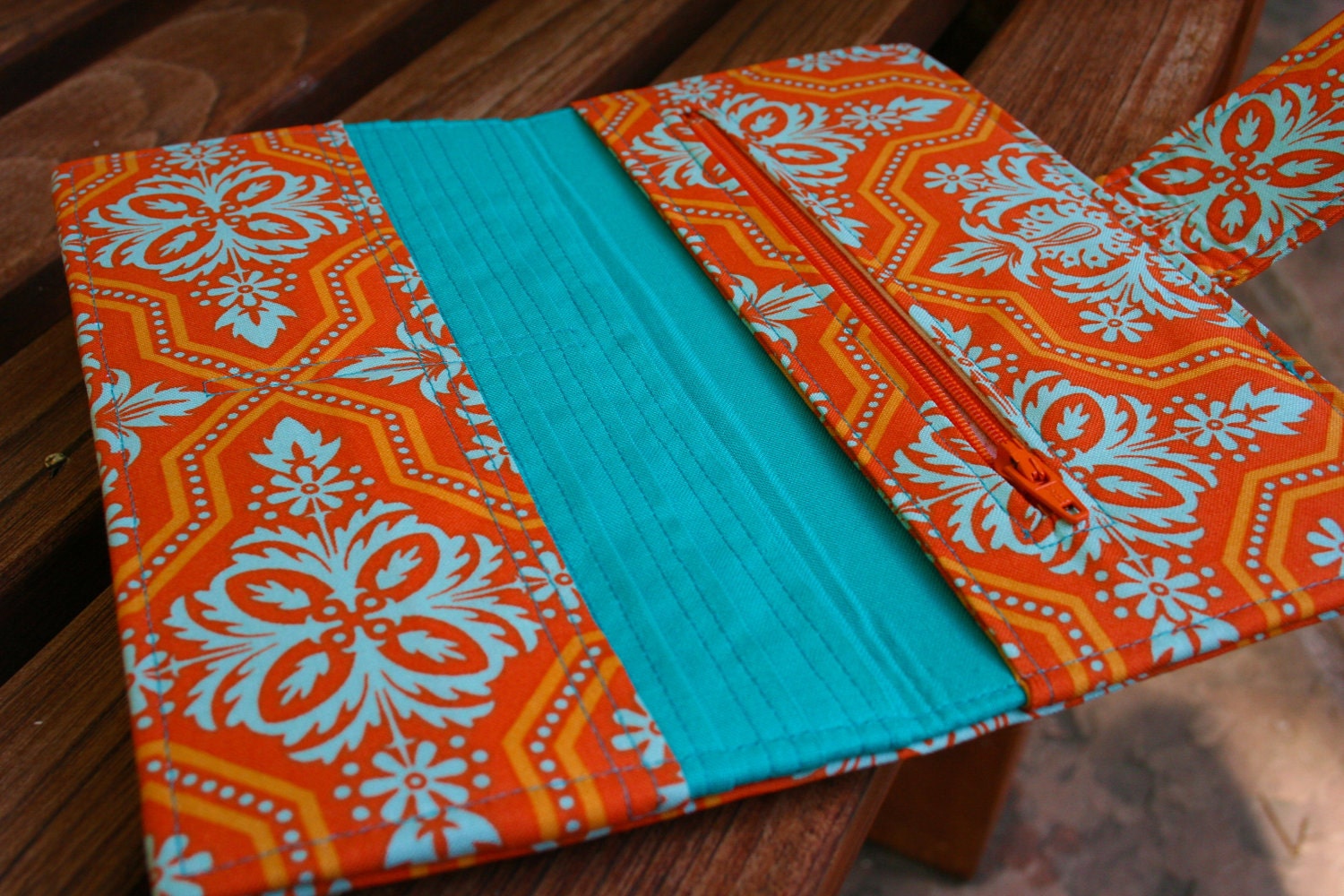 Handmade wallet clutch orange light turquoise Damask