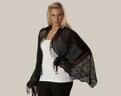 Black embroidered lace and linen tassel scarf