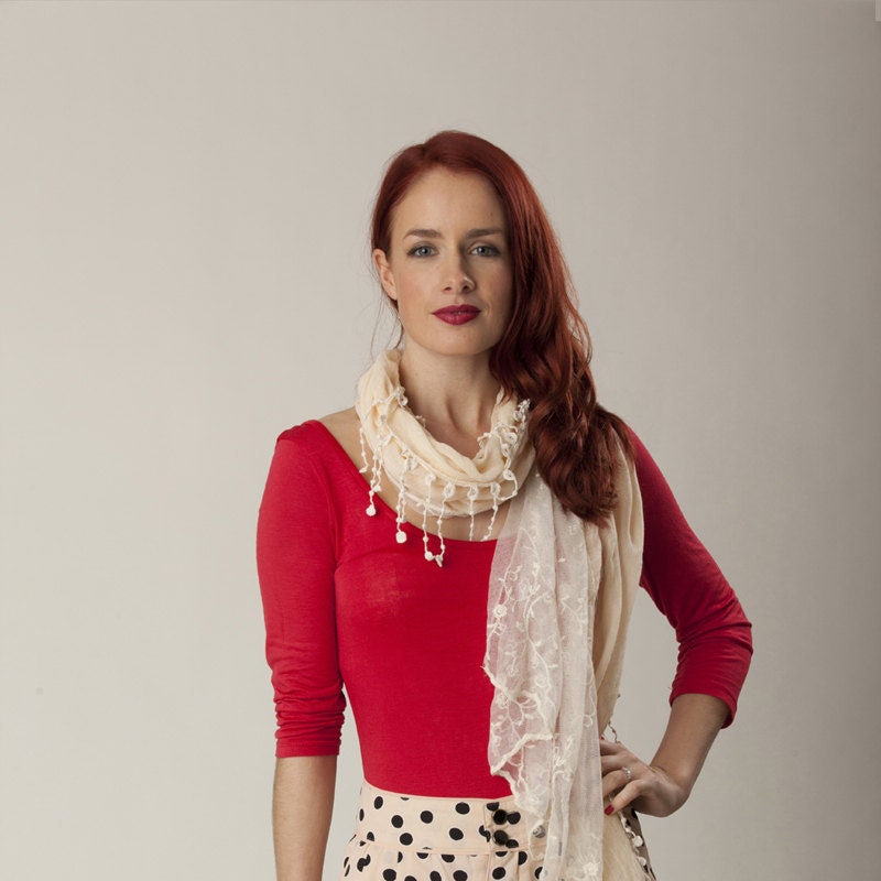 Cream embroidered lace and linen tassel scarf