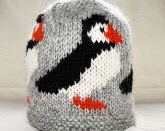 Grey handknitted unisex puffin, woolen hat/cap made out of 100% pure Icelandic lambs wool, ready to ship