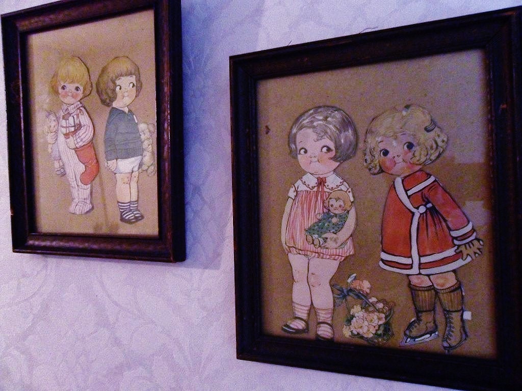 Dolly Dingle Paper Dolls.1916. Two Framed Pairs. Original Magazine Cutouts.