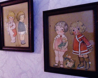 Dolly Dingle Paper Dolls.1916. Two Framed Pairs. Original Magazine Cutouts.