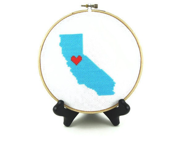 California Love State Map Finished Cross Stitch Embroidery Hoop Art
