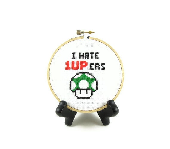Mario Bros Mushroom - I Hate 1UPers Finished Cross Stitch Embroidery Hoop Art