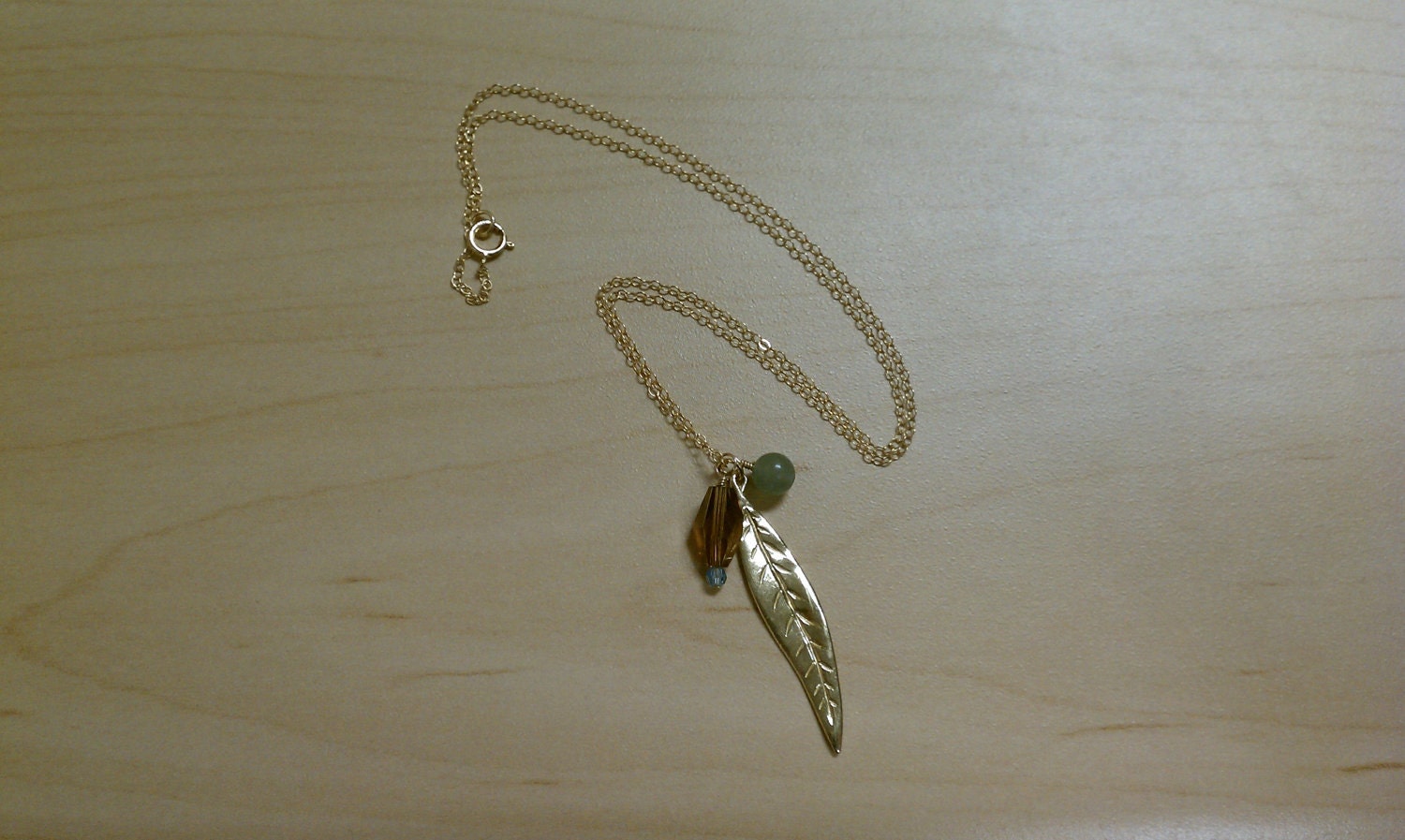 Nature Inspired Gold Tone Brass Leaf and Green Aventruine Stone  on 14kt gold fill chain Necklace