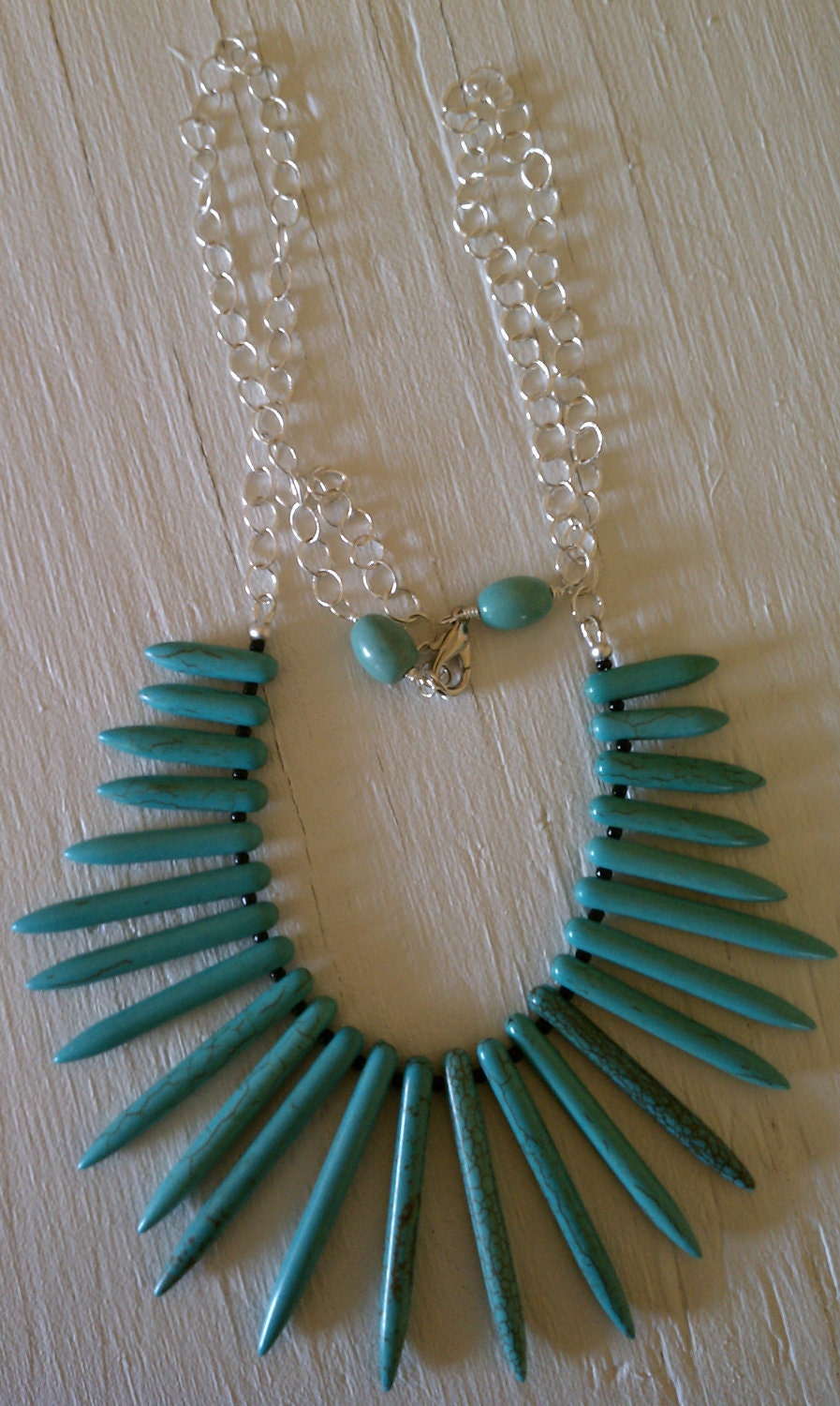 Bright Turquoise Nail, Dagger, Spikes, and Sterling Silver Statement, Bib Necklace