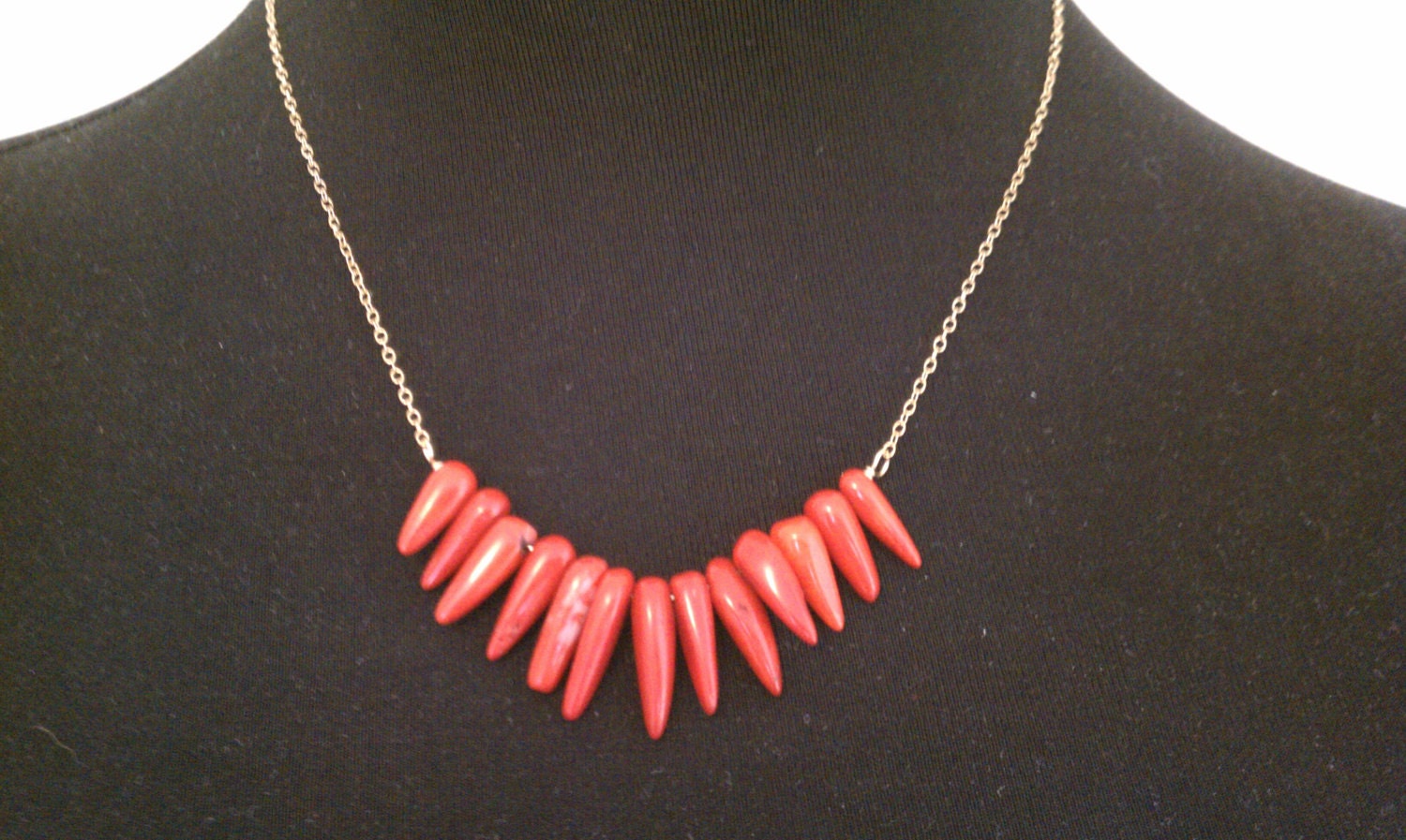 Bright Red Coral Spikes, Daggers, Teeth and 14kt Gold Fill Bib Necklace
