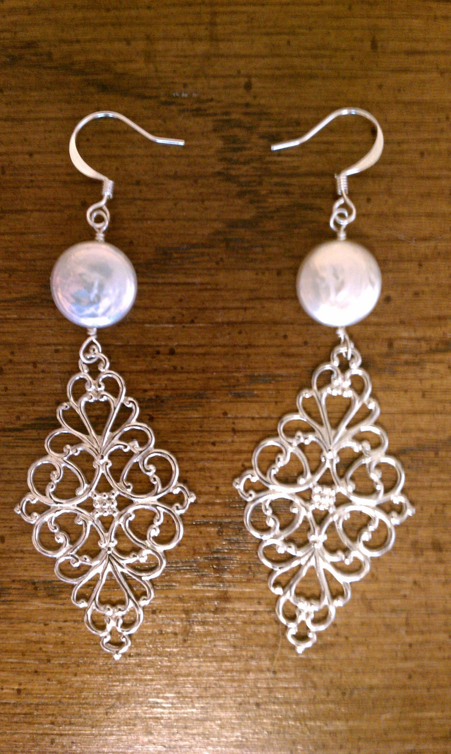 Large, statement, Irridescent pearl and silver filigree chandelier earrings