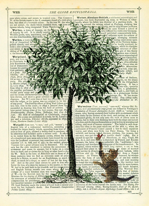 Cat Art Print Dictionary Art Print Vintage Upcycled Book Art Antique Book Page