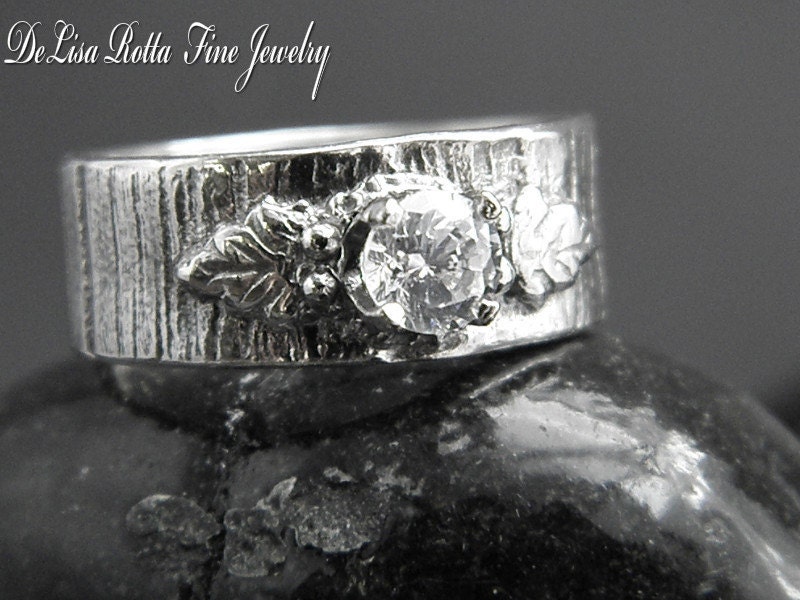 Recycled Fine Silver Diamond Alternative Rose Wood Engagement Ring