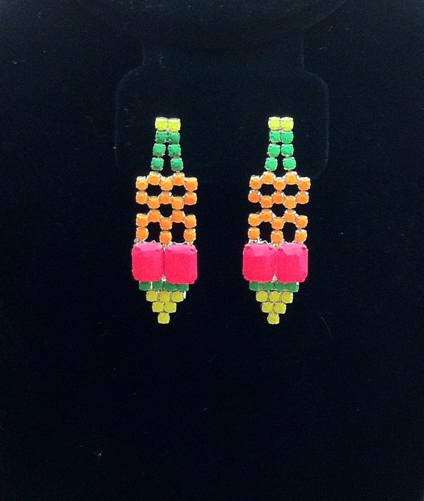Handpainted Neon Rhinestone Earrings