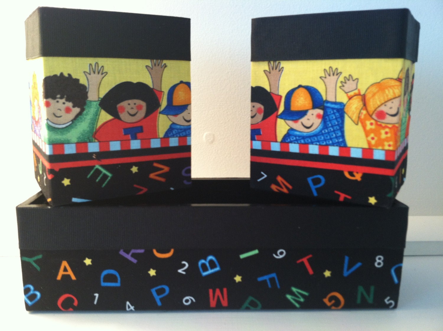 Desk Accessory Boxes /  Set of 3 fabric and ribbon covered desk accessory boxes.  Includes two pencil/pen boxes and one for everything else