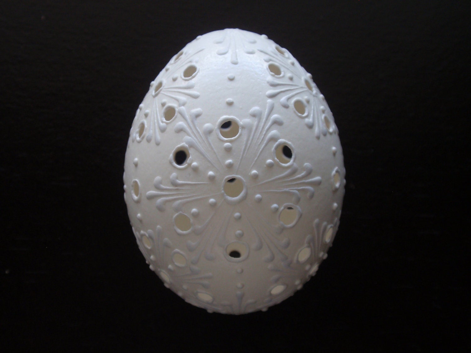 Set of 3 Large Traditional Slavic Carved and Wax Embossed Chicken Eggs, Pysanky in White