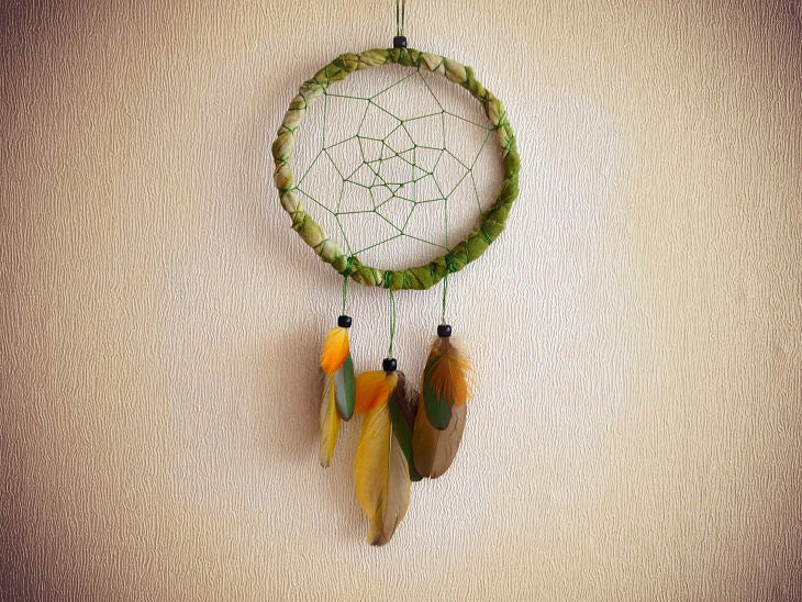 Dream Catcher - Exotic Green - With Green and Yellow Parrot Feathers, Green Frame and Nett - Home Decor, Mobile