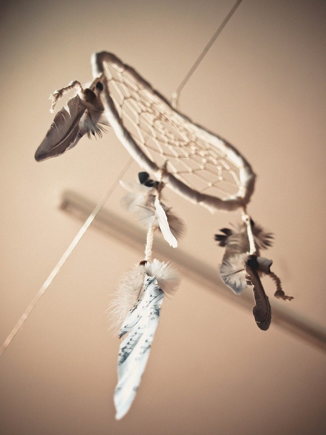 Dream Catcher - Lullaby - With Scores Decoupaged Pigeon Feathers and White Nett - Home Decor, Mobile