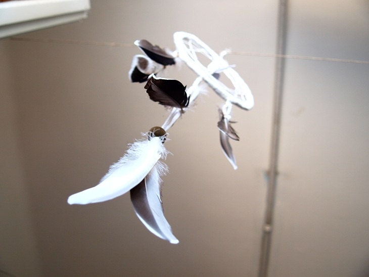 Dream Catcher - Let's Fly - With Unique Duck Feathers, White Nett and a White Origami Bird - Home Decor, Mobile