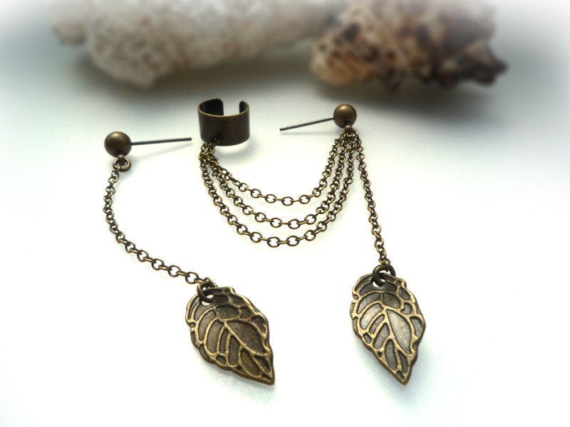 EAR CUFF - Simple Leaf Ear Cuff - Extra Stud With Chain And Leaf - Antique Bronze - A6