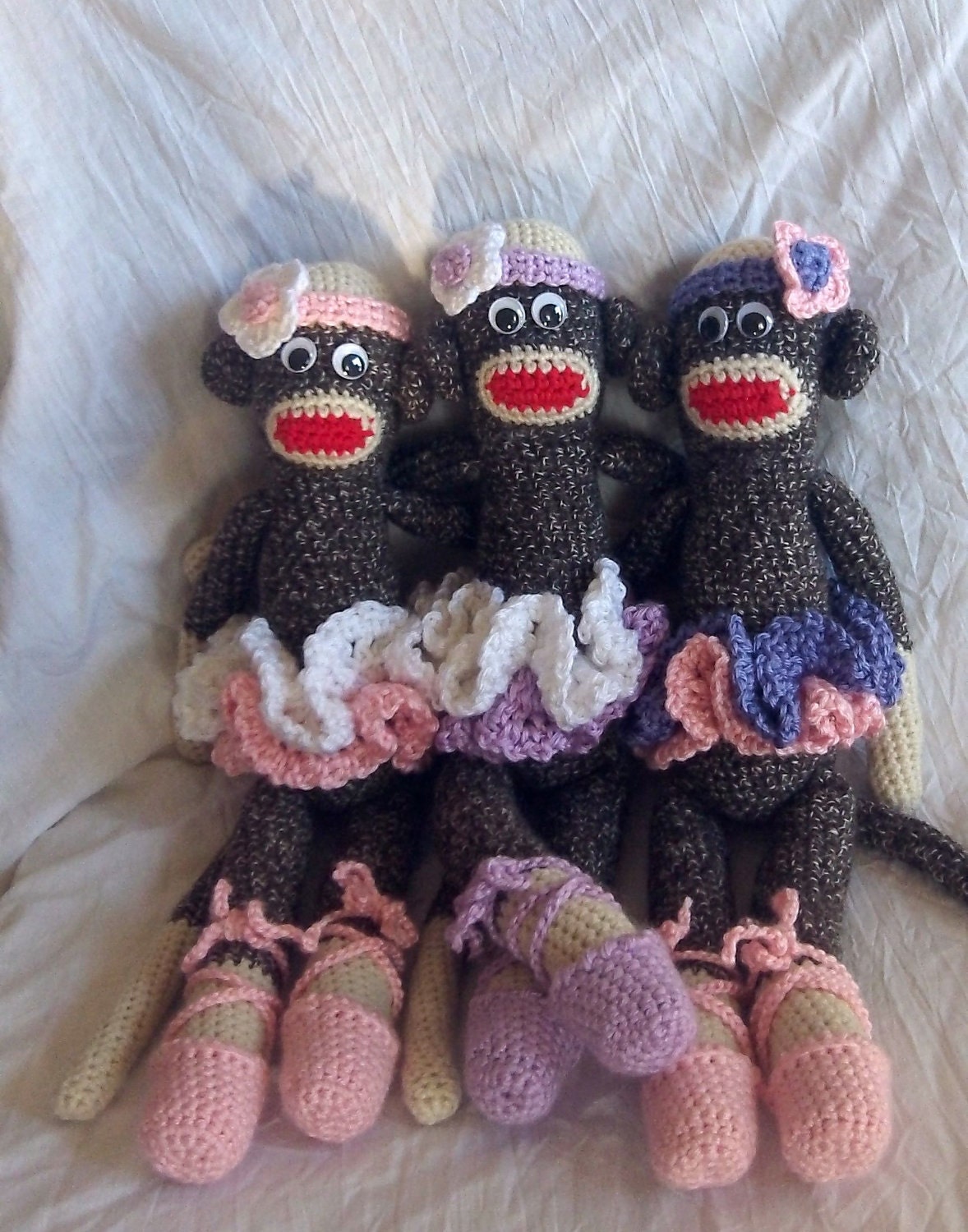 Crocheted Sock Monkey Ballerina with crocheted tutu, ballet shoes, and headband