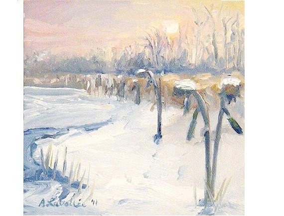 Winter SUNFLOWERS LANDSCAPE Original Small Oil Painting 5" X 5"  Sunset  stretched canvas pink lavender blue white Front Page