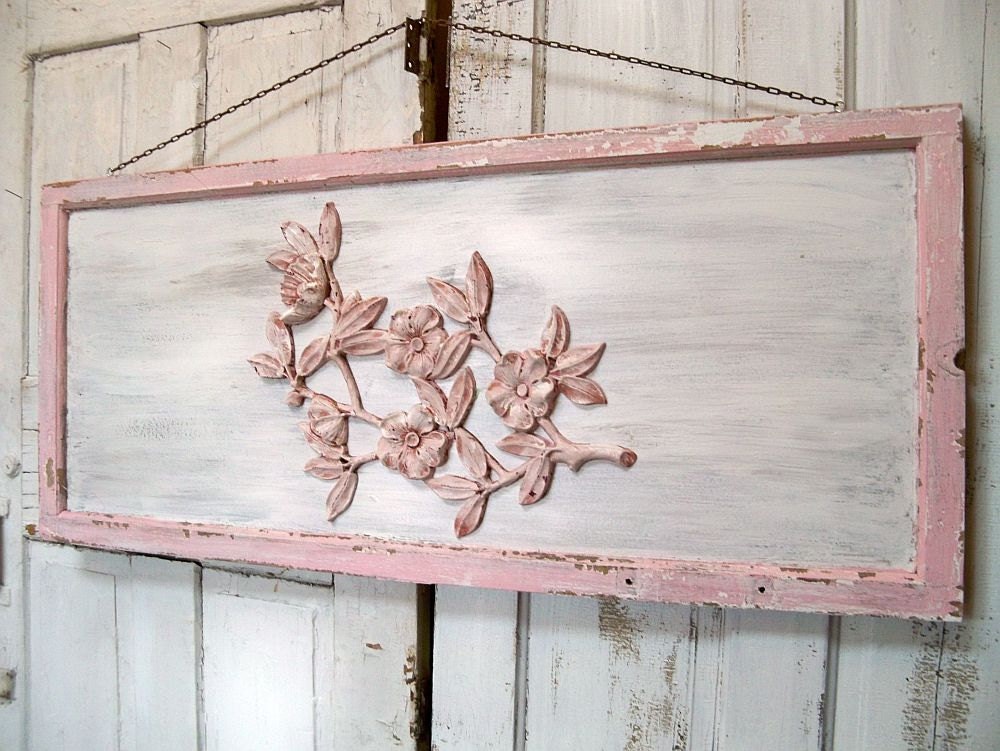 Large faux headboard wall hanging recycled salvaged decor art piece pink white shabby home decor anita spero