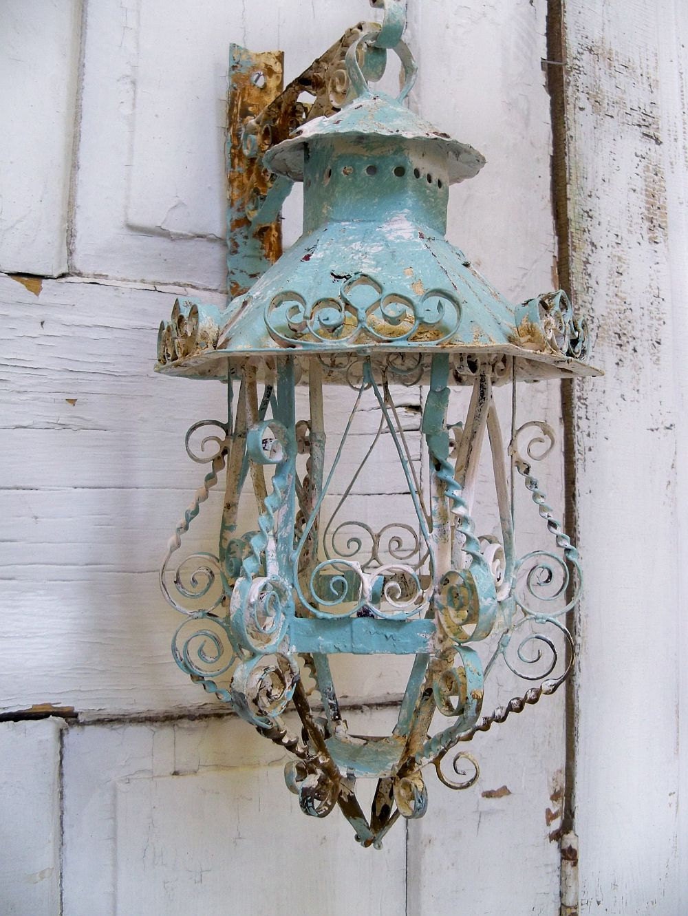 Shabby chic scroll work metal lantern candle holder with hanger ooak Anita Spero