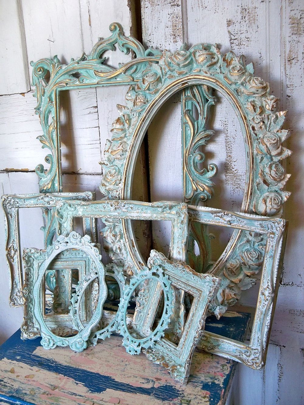 Aqua white ornate frame grouping, vintage antique mix distressed Baroque gesso styles Anita Spero
