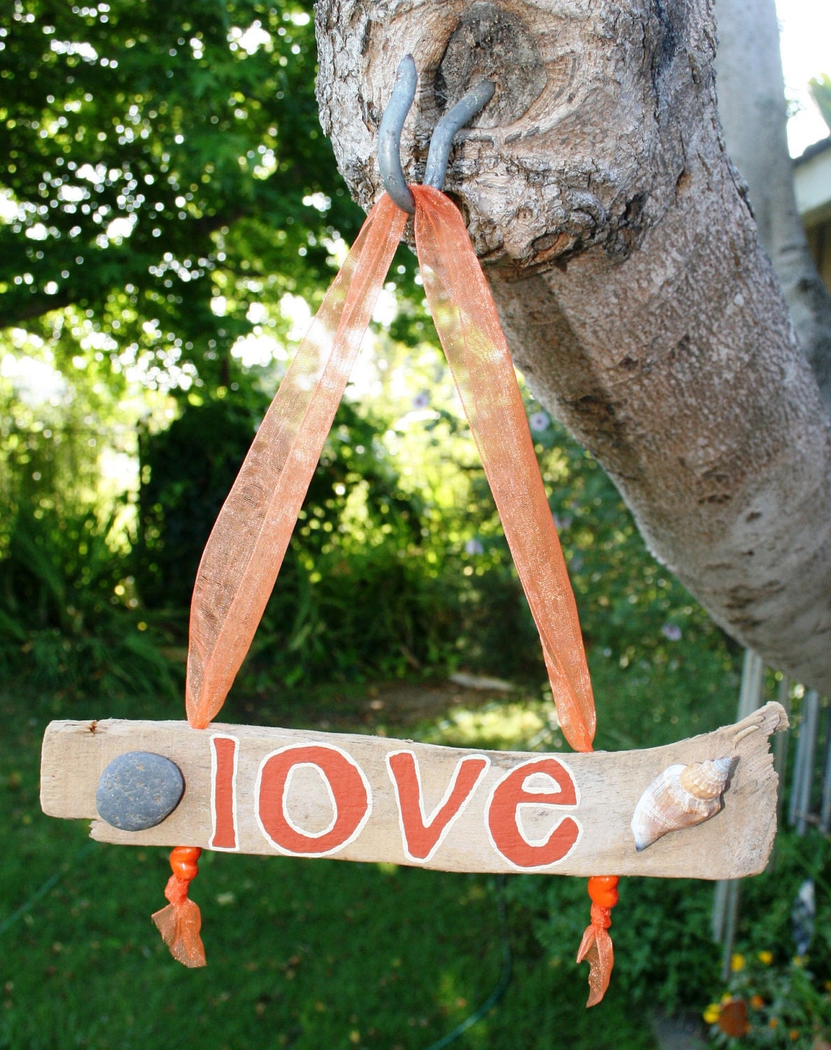 Hanging LOVE Driftwood Art with Shell & Beach Stone-- Great Gift for Valentine's Day, Anniversary