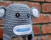 SALE: Sock Monkey Hat Grey and Blue - Available to ship now (Small, Medium and Large)