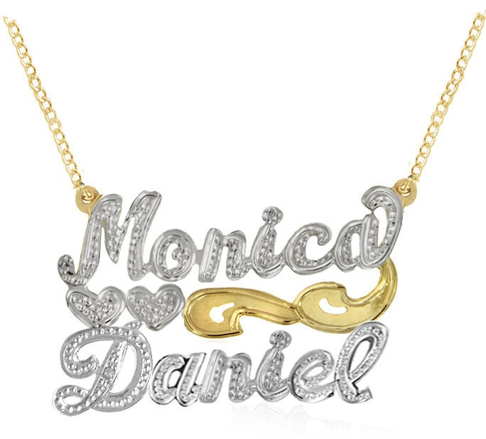 Personalized Couples Name Necklace (Order Any Names) - 24K yellow Gold, Rhodium and Sterling Silver
