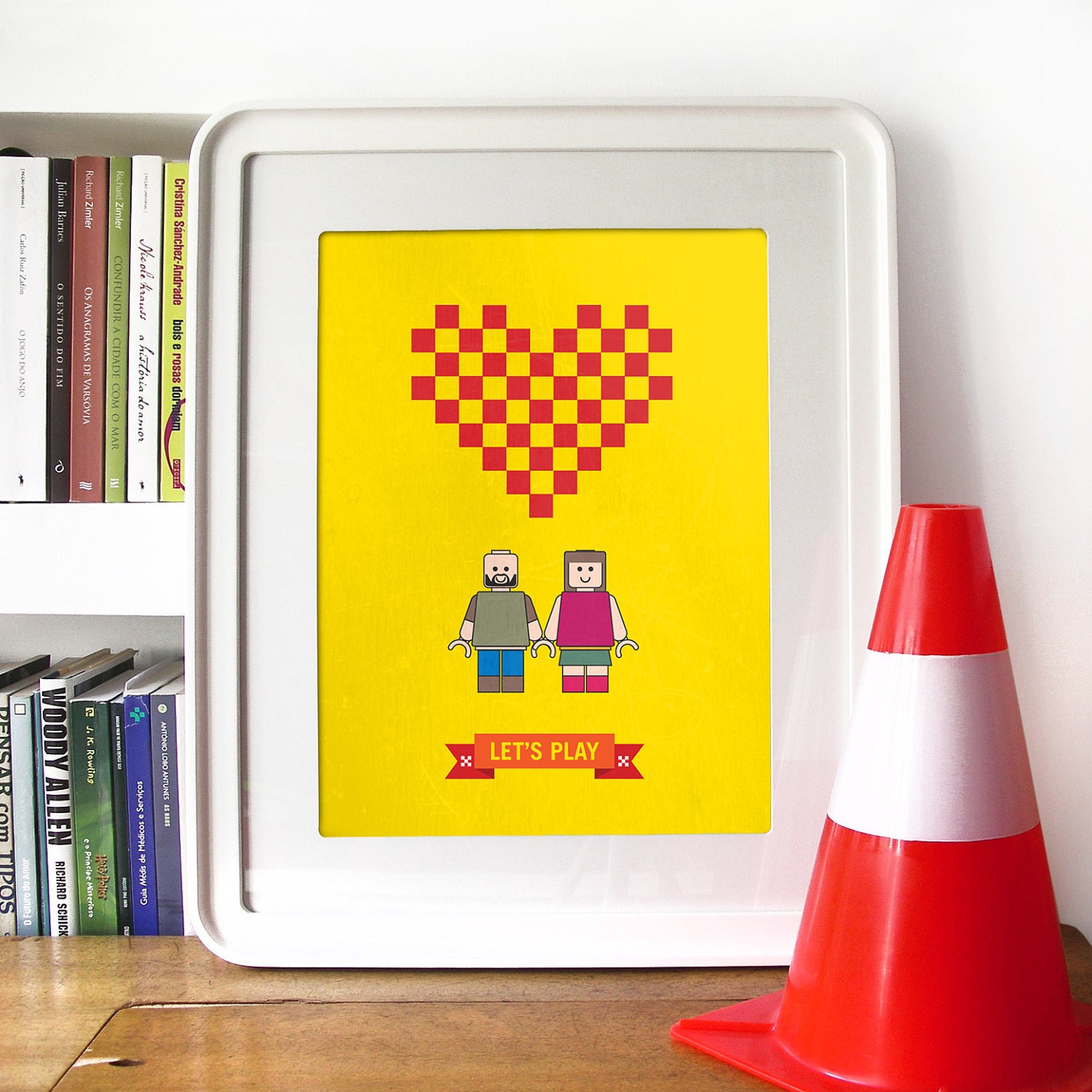 Print Typography Art Lego Illustration Poster in Yellow and Red - LET'S PLAY - A3 poster art print - couple inspired in LEGO toys