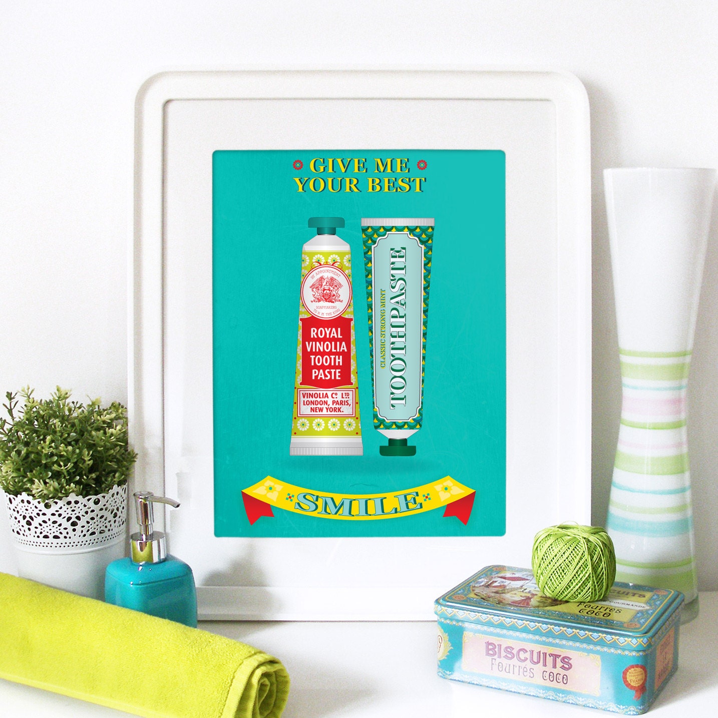 Bathroom vintage mid century decoration Word Print Typography Illustration Art Poster Turquoise - GIVE Me your BEST SMILE - A3 poster