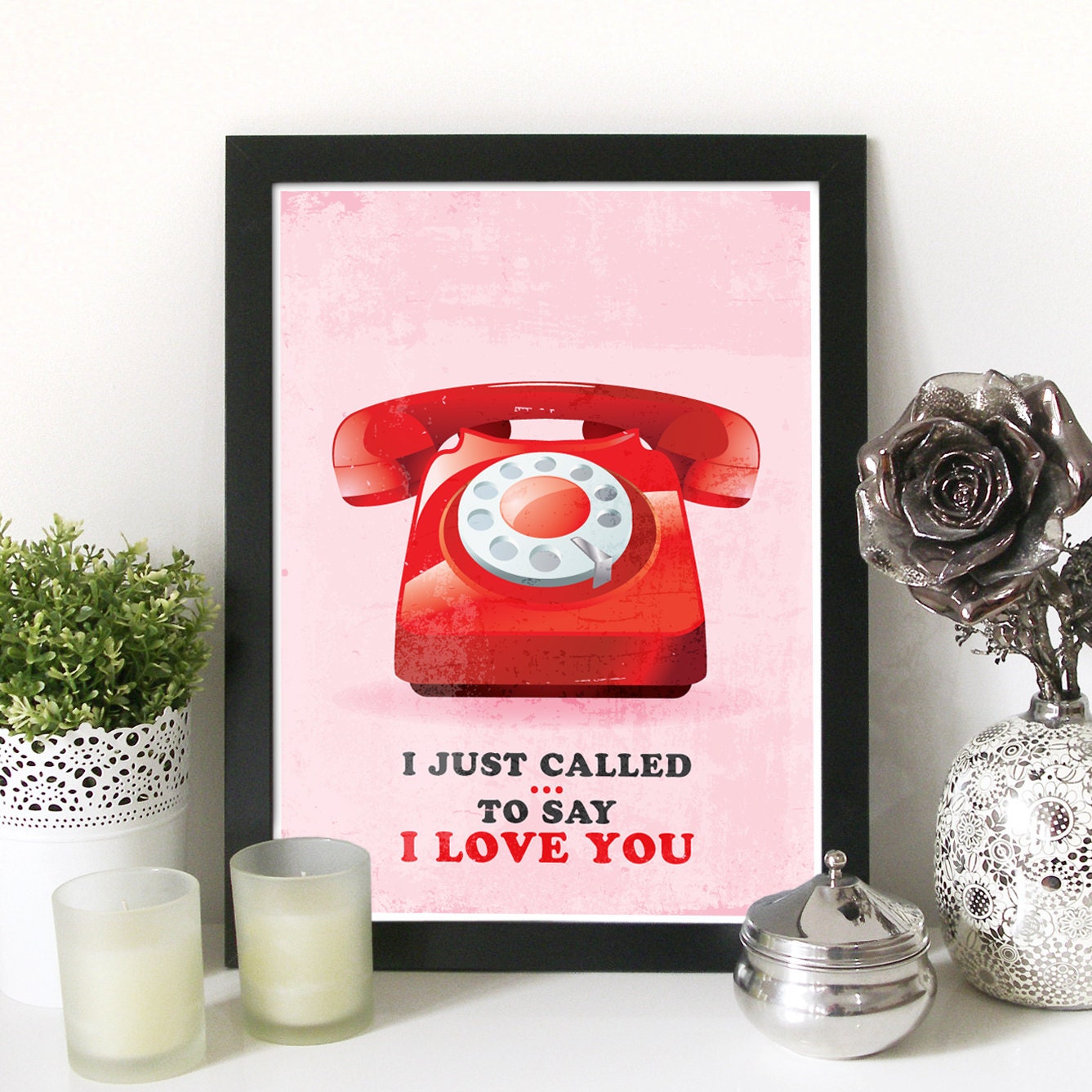 Poster Music Art Typography print in Pink and red vintage telephone - I just called to SAY I LOVE YOU- A3 poster - etsy love print poster