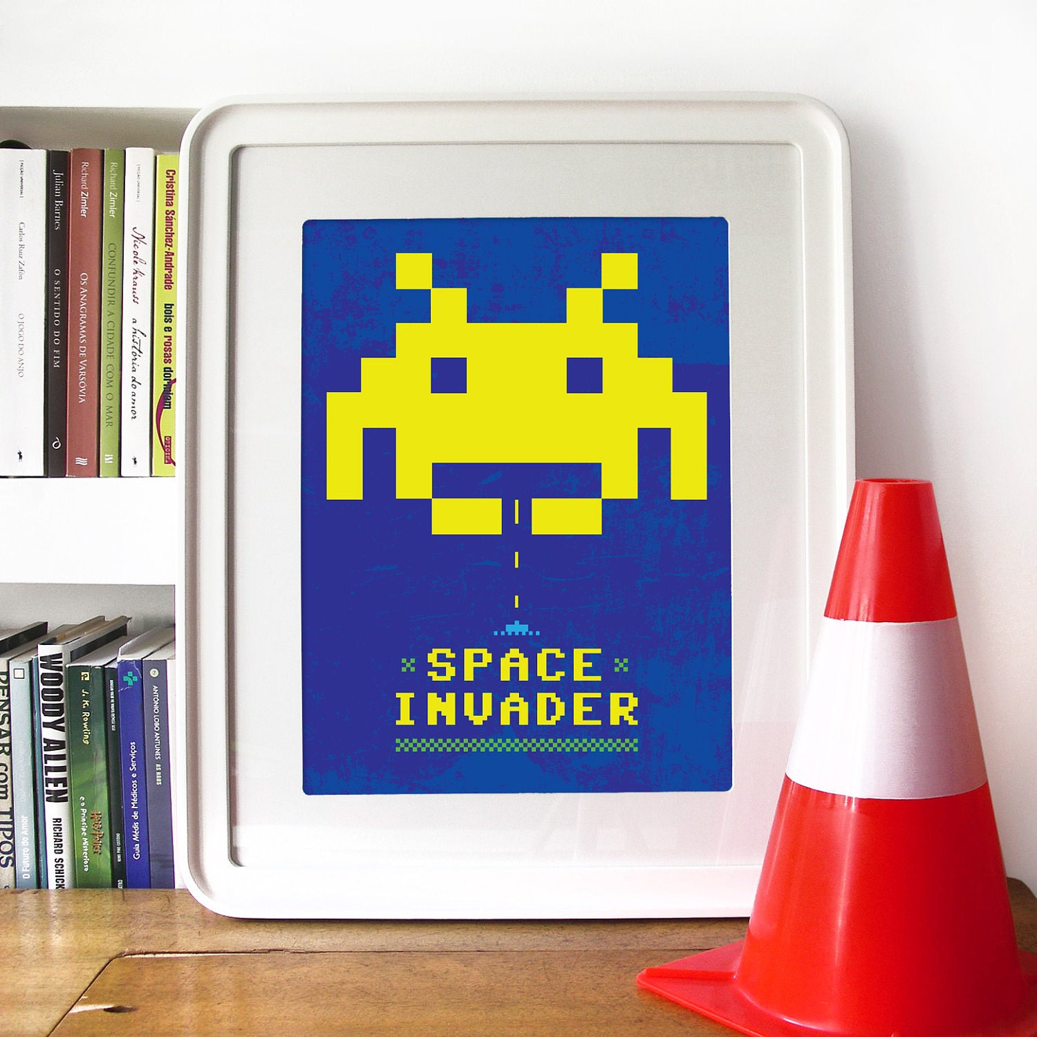 Print Poster SPACE INVADERS 80s Video game inspired Poster Art Print in Blue and Yellow - Poster print size A3