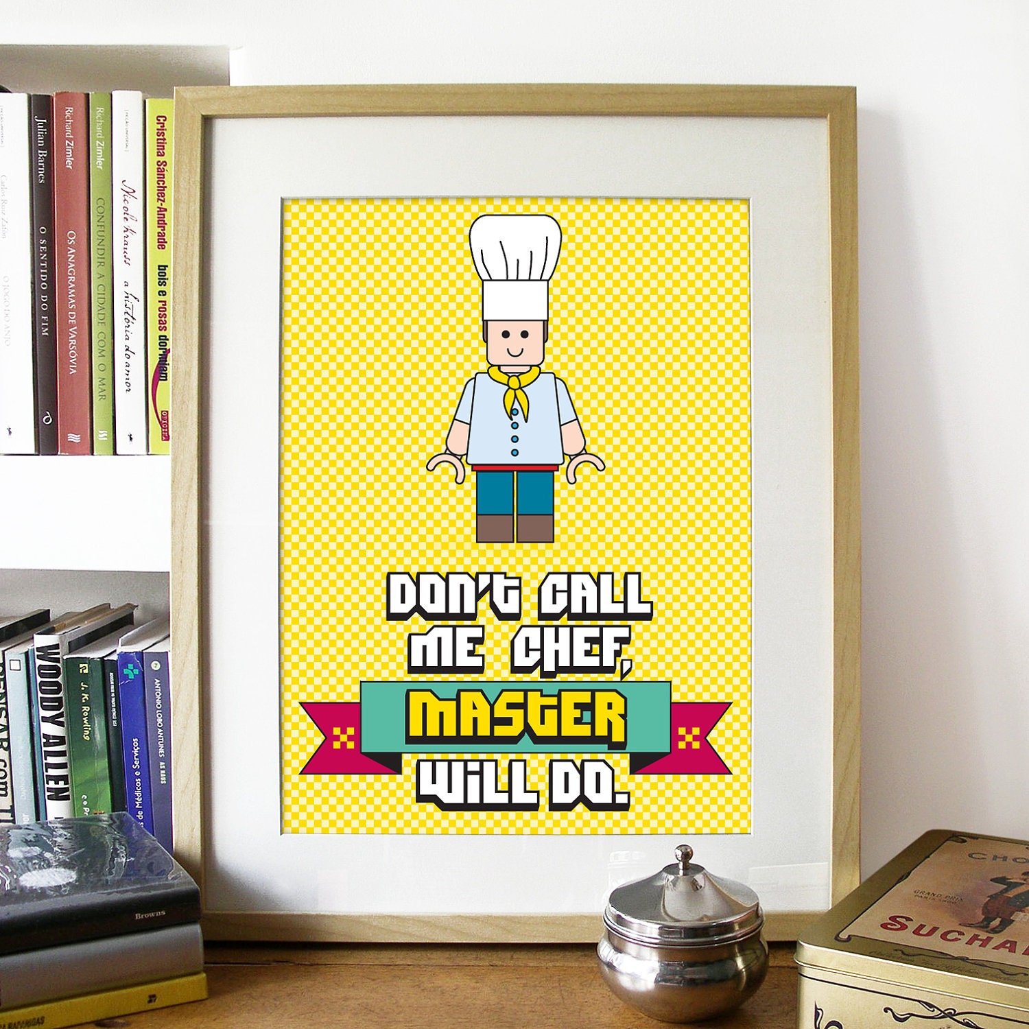 LEGO Art Poster Print in Yellow for Kitchen - Don't Call me chef, MASTER will do - Poster size A3 - Chef Illustration inspired in LEGO toys
