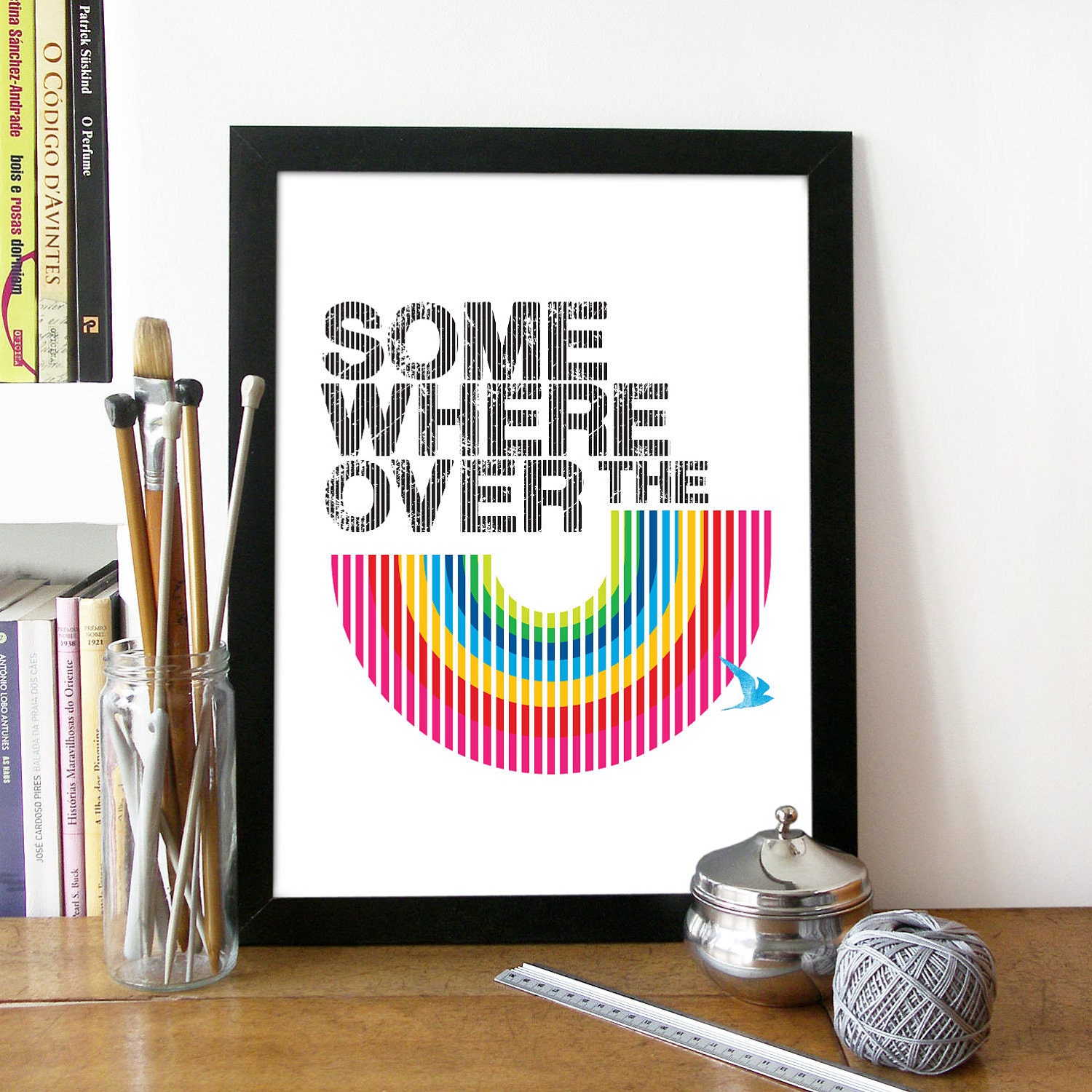 Music Words Print Illustration Art Poster in Black and Rainbow colors  - SOMEWHERE OVER the RAINBOW - A3 poster print